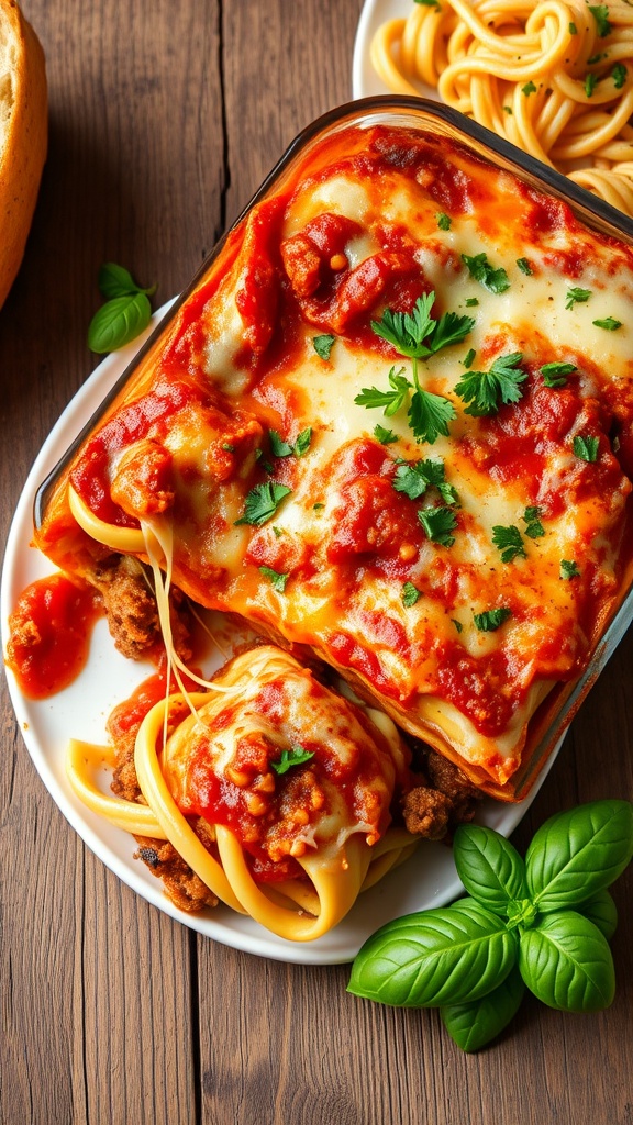 A classic lasagna on a wooden table, displaying layers of pasta, meat sauce, and cheese, garnished with parsley.